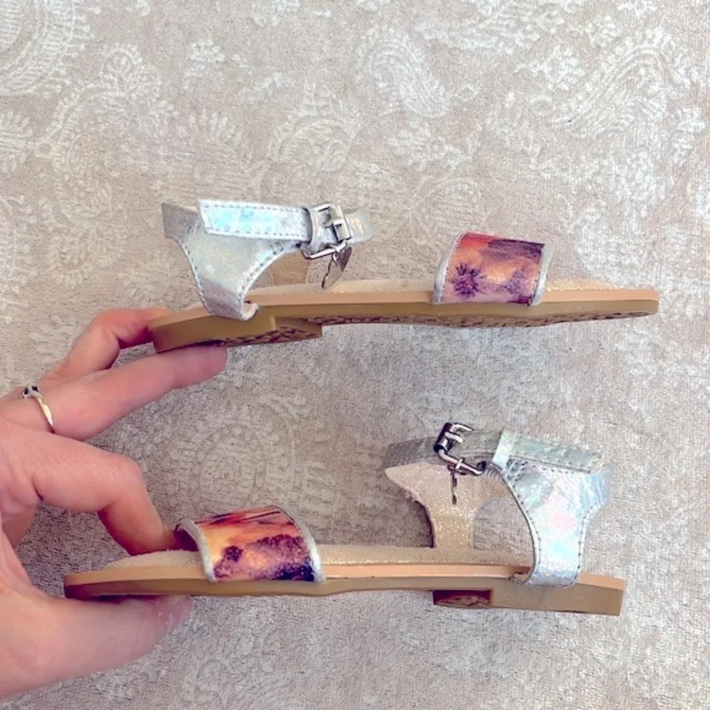 Brand New Stuart Weitzman Floral Metallic Iridescent Ankle Strap Sandals Heart